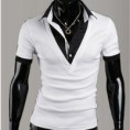 Moda Fit Sleeve T-shirt curto Turn-Down Collar fino para Homen